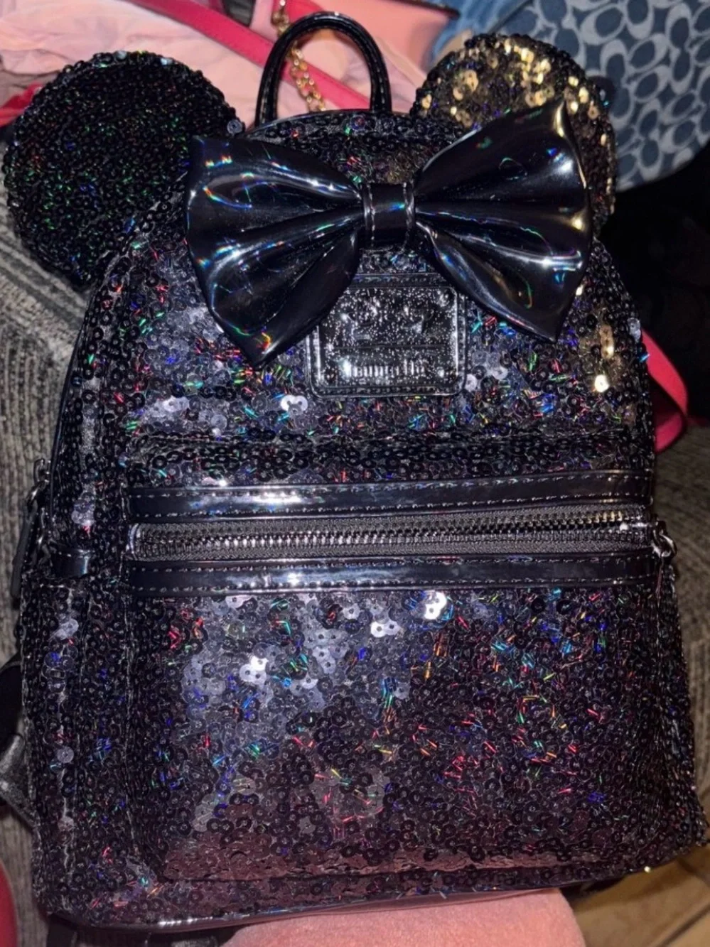 Black Sequin Mini Backpack with Bow - Women's Bag